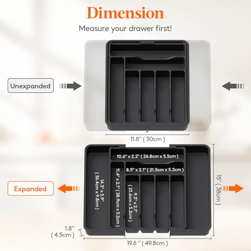 Expandable Silverware Drawer Organizer (Black / Large Deep（11.8-19.6'W x 15''D）)