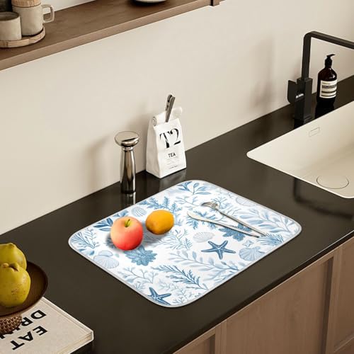 Coastal Sea Star Coral Nautical Dish Drying Mat for Kitchen Counter Absorbent Microfiber Small Drying Pad Dish mats for Kitchen Countertops 16 x 18 Inch (Coastal Sea / 18" x 16")