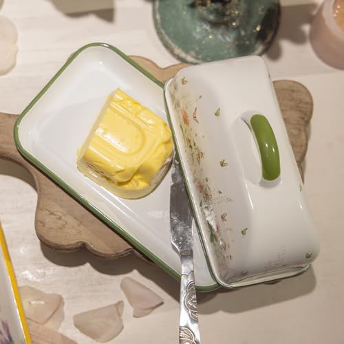 Enamel Butter Dish with Lid Vintage Enamelware Butter Keeper with Flower and Bee Patterns Farmhouse Butter holder Butter container for Kitchen Decor (Green)