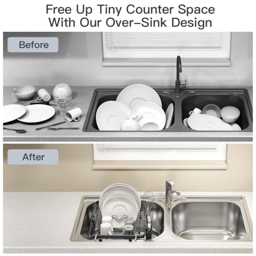 Grey Expandable Dish Drying Rack Over Sink with Extra Drying Mat (Gray / For 13"-30" W Sink with Mat)