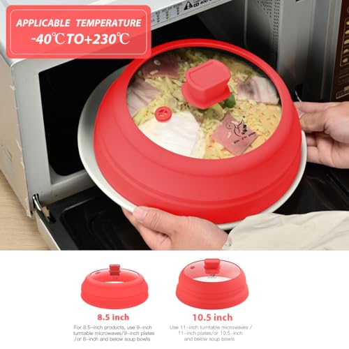 Microwave Splatter Cover Glass Splatter Guard Lid with Collapsible Silicone for Small Bowls Food Plate Cover 9 inch Red (Red / 8.5 inch)