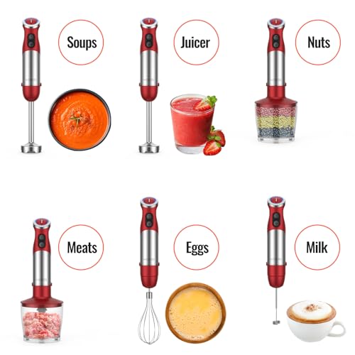 5-in-1 Hand Immersion Blender, 1000W 12 Speed Handheld Blender Stick with Copper Motor Stainless Steel Blade, 600ml Mixing Beaker,500ml Food Processor, Whisk, Milk Frother, Non-BPA, Red (Red)