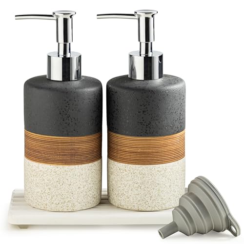 Ceramic Dish Soap Dispensers Set of 2 for Kitchen and Bathroom (Black and White / 2xSoap Dispenser Set with Tray)