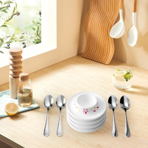 Ceramic Sakura Egg Holder Set of 4 Porcelain Holder With 4Stainless Steels Egg Spoons Breakfast Boiled Cooking Easy to Clean Childhood Memories Kitchen