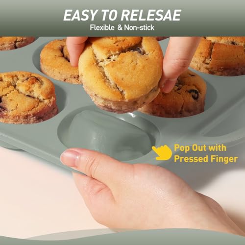 2 Packs 24 Cups Silicone Muffin Pan with Metal Reinforced Frame Mini Size Cupcake Pan Tray Egg Bites Silicone Circle Cookie Molds Muffin Tin Tart Pans Baking Sheet Set for Breakfast Sandwiches (2pc: 24-Cup Mini / Morandi Green)
