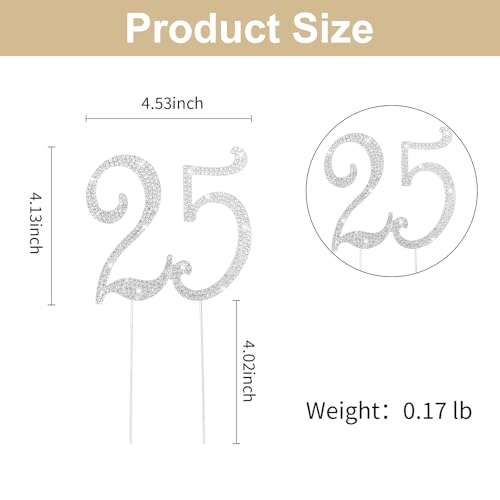 Silver 25th Birthday Cake Topper Rhinestones Cake Decorations for 25th Birthday Party (25th- Silver)