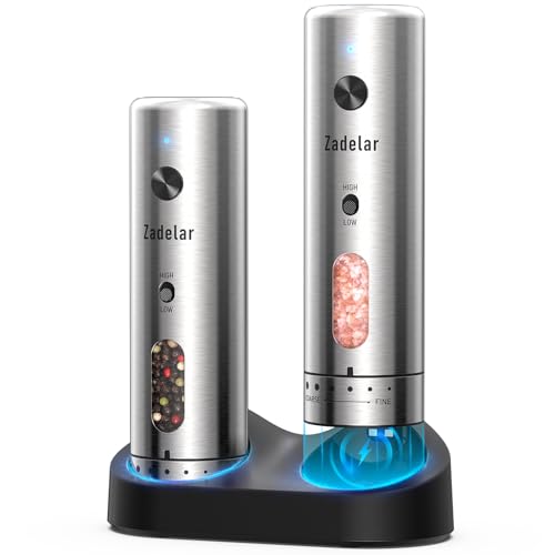 Electric Salt and Pepper Grinder Set with Charging Base (Variable Speed Silver)