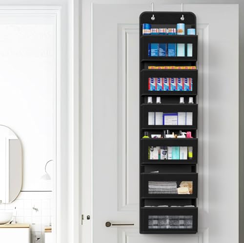 6 Clear Window Pocket Over Door Hanging Organizer (6 Pockets / Black)