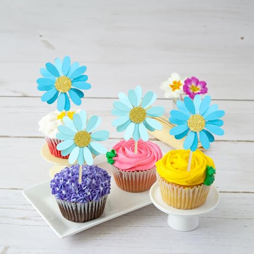24Pcs Daisy Cupcake Toppers Flower Cake Topper Decorations Daisy Cake Decorations Chrysanthemum Cupcake Toppers Spring Daisy Flower Cake Picks for Birthday Wedding Supplies Blue (24 Count)