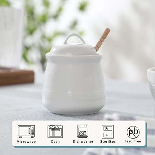 Ceramic Honey pot with Lid and Honey Dipper (White)