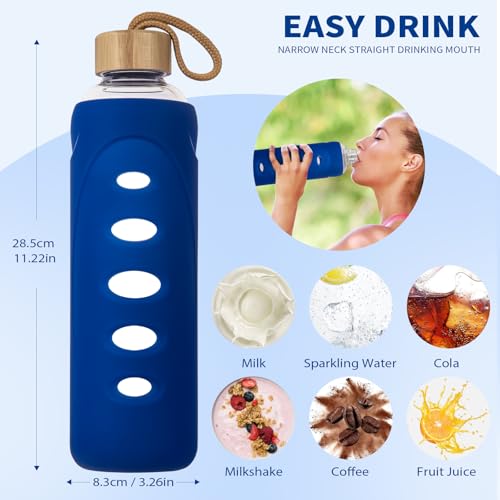 32 oz Narrow Mouth Glass Water Bottle with Windowed Silicone Sleeve (Blue)