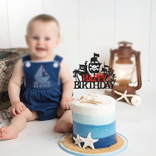 1Pcs Pirates Happy Birthday Cake Topper Pirate Ship Nautical Cake Pick for Pirates Theme Baby Shower Birthday Party Cake Decorations Supplies Red (Red 5)