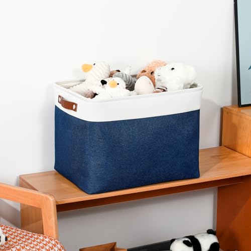 Large Storage Baskets with Leather Handles for Linen Closet and Home Office (White&Blue / XL-16"x 12"x12")