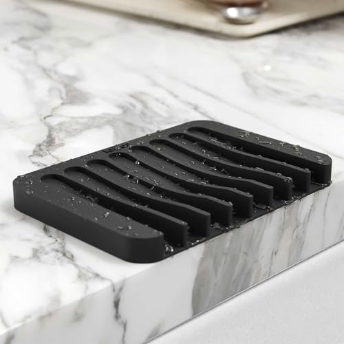 Self Draining Silicone Dish Drying Mat and Silicone Soap Dish Holder for Bathroom or Kitchen Counter in Dark Grey (Drying Mat & Soap Holder / Dark Grey)