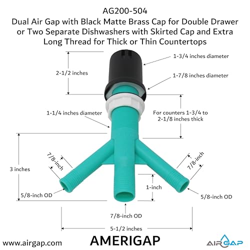 Dual Air Gap with Black Matte Brass Cap for Double Drawer or Two Separate Dishwashers with Skirted Cap and Extra Long Thread for Thick or Thin Countertops (AG200-504)