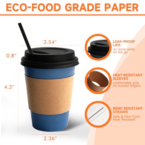 100 Pack 12 oz Disposable Coffee Cups with Lids and Sleeves (Black/Blue / 12oz)