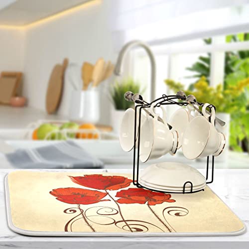 Super Absorbent Dish Drying Mat (Red Poppy Flowers Retro / 16" x 18")