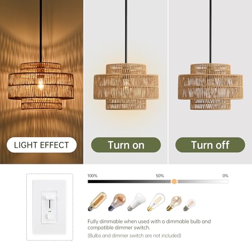 12.4" Rattan Pendant Light for Kitchen Island (Brown+Black Hardware / 12.4" 1-Light)