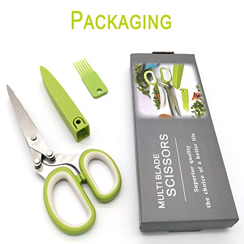 Herb Scissors with 5 Blades & Cleaning Kit (Green and White)