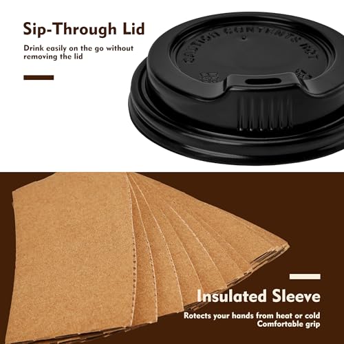 16 oz 100 Pack Disposable Coffee Cups with Lids & Sleeves (White-Kraft Sleeves / 16 oz)