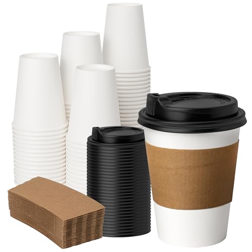 12 oz 50 Pack Coffee Cups with Lids and Sleeves (White-Kraft Sleeves / 12 oz)