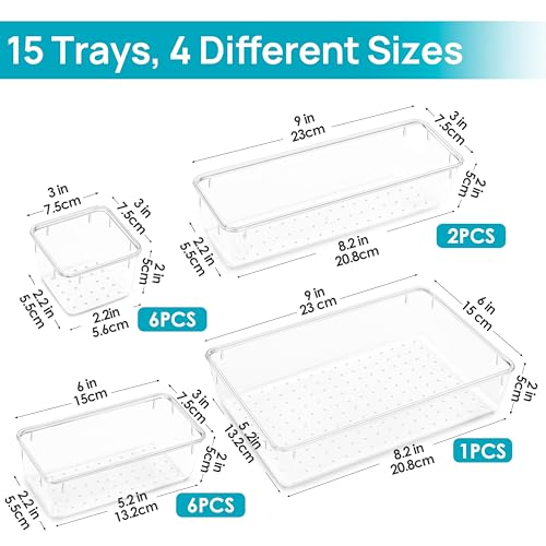 15 PCS Clear Plastic Drawer Organizers Set (Clear)