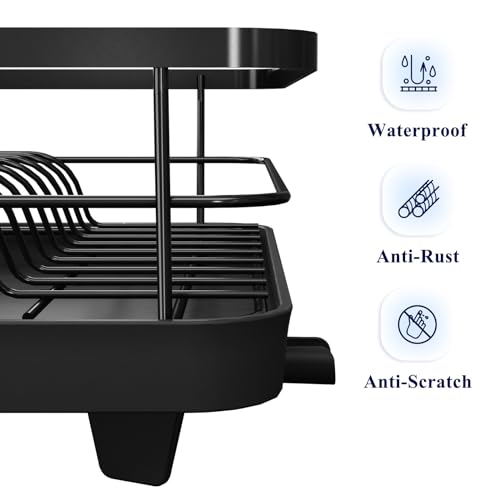 Dish Drying Rack for Kitchen Counter (Black / 12.2''W x 15.7''~23''L - 1 Tier)