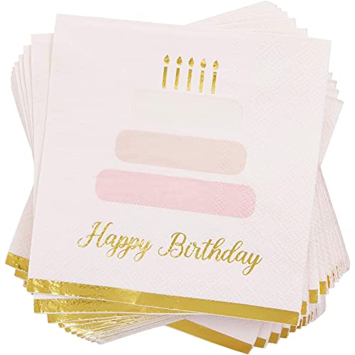 50 Pack Cake Theme Happy Birthday Napkins with Gold Foil Edges (50 Pack)
