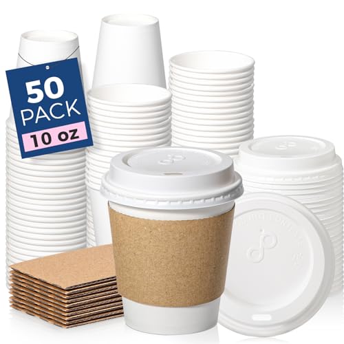 50 Pack 10 oz Disposable Coffee Cups with Lids (10 oz / Classic)