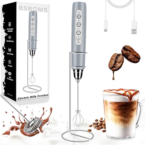 Milk Frother Wand Rechargeable Handheld Whisk Coffee 3 Speed Adjustable (Frother with stand / Cement Gray)