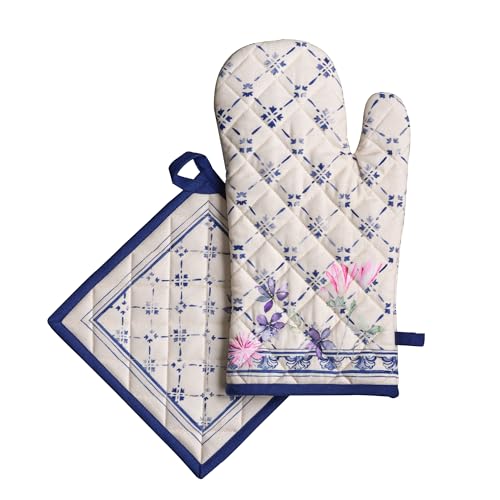 100% Cotton Oven Mitt & Pot Holder Set (015 - Faience / 7.5" x 13" & 8" x 8" (Oven Mitt & Pot Holder))