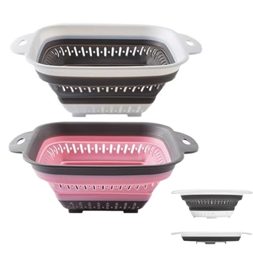 2Pcs Collapsible Square Silicone Colander Strainer for Fruit Veggie Pasta (2.1L+2.1L / White and Pink)