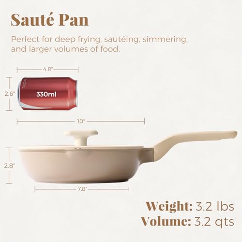 Nonstick Deep Frying Pan with Glass Lid (10 Inch / Natural Linen)
