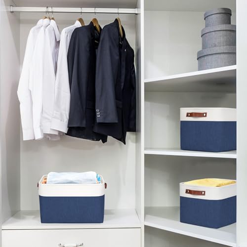 Storage Bins Large Fabric Storage Baskets for Shelves 3 Pack (NavyBlue / Off-White / Large -15"x11"x9.5")