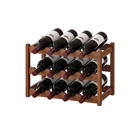 Bamboo Wine Rack Wine Storage Cabinet Shelf 12 Bottle Wine Racks Countertop Sturdy for Kitchen Dining Room Pantry (Brown / 3 Tier)