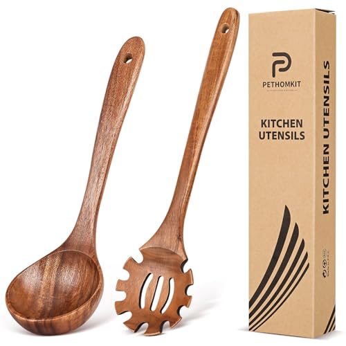 Wooden Soup Ladle Spoon & Spaghetti Pasta Spoons Utensil Set of 2 (2 Count)