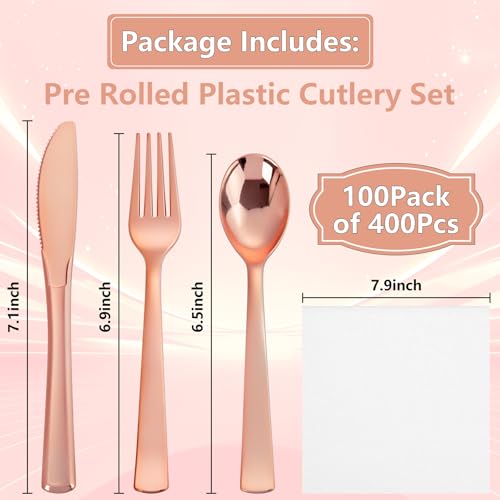400PCS Pre Rolled Rose Gold Plastic Silverware Heavy Duty for Party (Rose Gold - Classic)