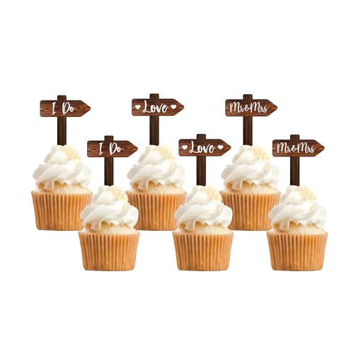 Rustic Wedding Cake Decoration Set Just Married Cake Topper & 12 PCS Wedding Cupcake Toppers in Wood (Set)