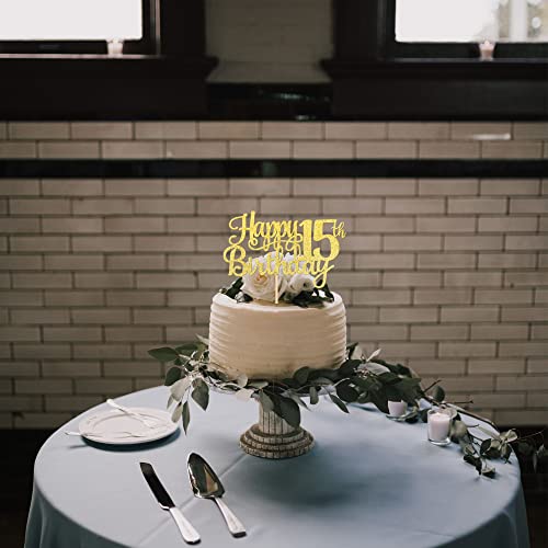 1 PCS Happy 15th Birthday Cake Topper Gold Glitter Cheers to 15 Years Birthday Cake Pick Mis Quince 15 Fabulous Cake Decoration for Happy 15th Birthday Theme Party Decorations Supplies (Gold / 15th)
