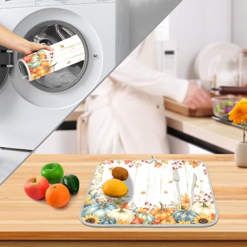 Thanksgiving Dish Drying Mat for Kitchen Counter Absorbent Microfiber Pumpkin Sunflower Fall Autumn Large Drying Pad Dish Mats for Kitchen Countertops 18 x 24 Inch (Thanksgiving Pumpkin / 24" x 18")