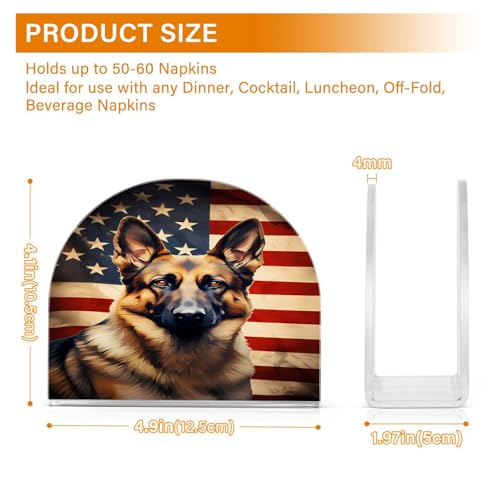 Dog German Shepherd American Flag Napkin Holder for Table Paper Napkins Holder Acrylic Tissue Dispenser Kitchen Dining Room Bathroom Party Car Decor (NH072 / 4.1x4.9x1.97in)