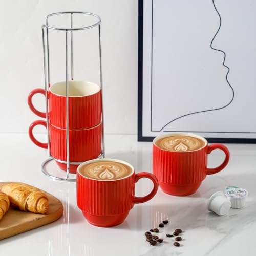 12 Oz Coffee Mugs Set of 4 with Rack (Red / 12 Ounces)