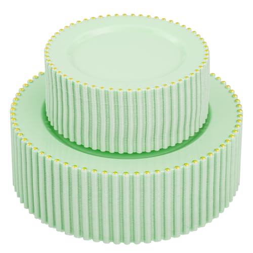 100pcs Green Plastic Plates with Gold Bead Design for Wedding (100 Count)