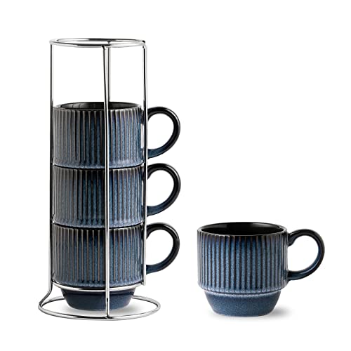 Navy Coffee Mugs Porcelain Set of 4 with Rack (Navy / 12 Ounces)