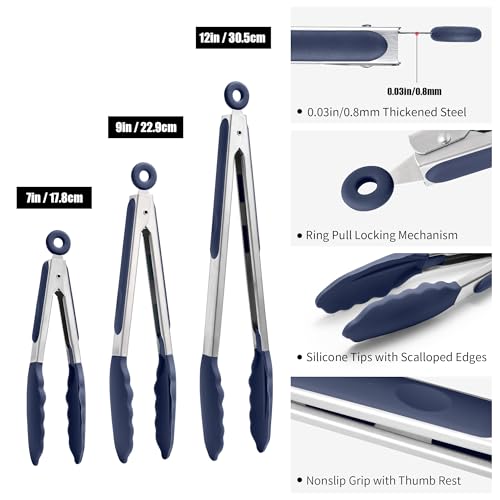 Kitchen Tongs with Silicone Tips for Cooking Serving (Set of 3 (7+9+12in) / Navy Blue)