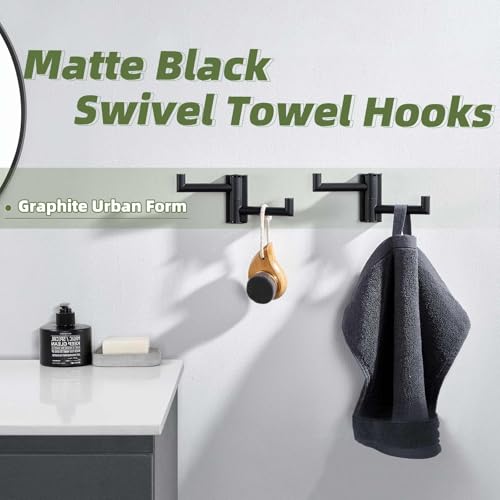 Matte Black Swivel Towel Hooks for Bathrooms (2 Pack / Matte Black)