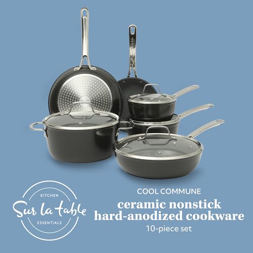 Kitchen Essentials Cool Commune Hard Anodized 10 Piece PFA Free Ceramic Non stick Interior Forged Durable Aluminum Pots and Pans Cookware Set (10-Piece Cookware Set (Hard Anodized Aluminum) / Black (Hard Anodized Aluminum))