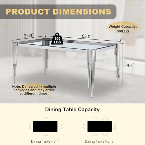63'' Modern Glass Dining Table for 4 (Silver-clear / Rectangle-62.99" L x 35.43" W x 29.53" H)