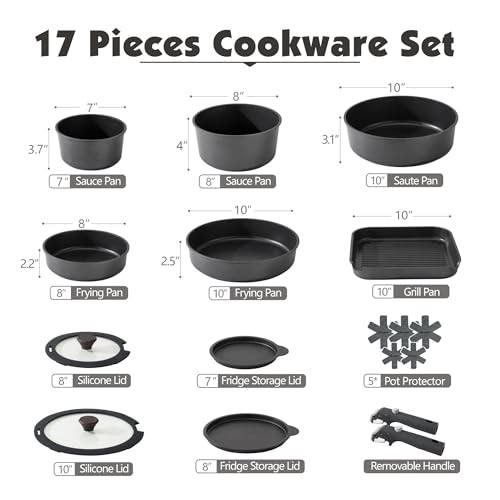17 Piece Nonstick Detachable Handle Pots and Pans Set Black (Black / 17 Piece)
