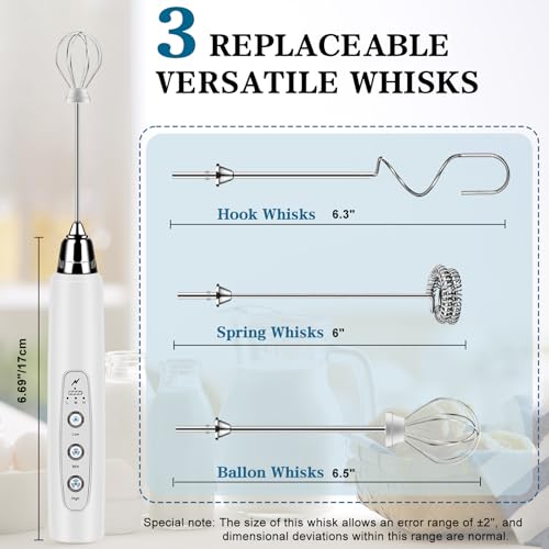 Milk Frother Wand Rechargeable Handheld Whisk Coffee 3 Speed Adjustable (Basic Frother / White)
